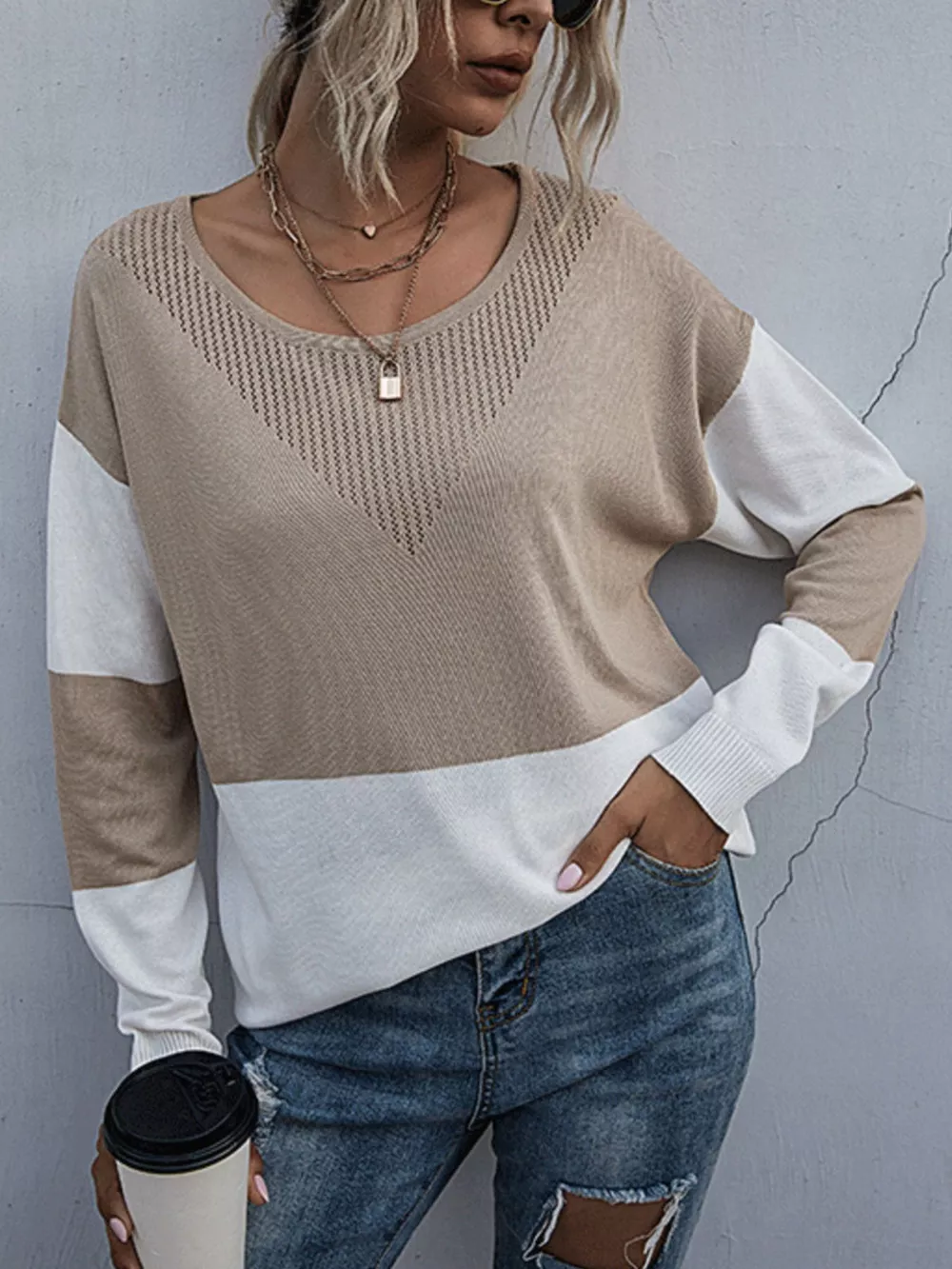 Color Block Round Neck Sweater