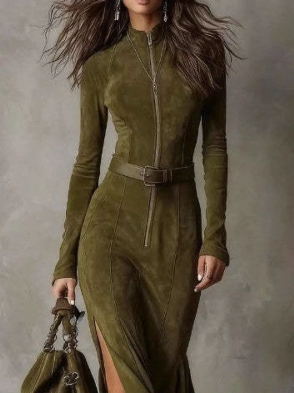 Full Size Slit Zip Front Long Sleeve Dress Plus Size, image 4