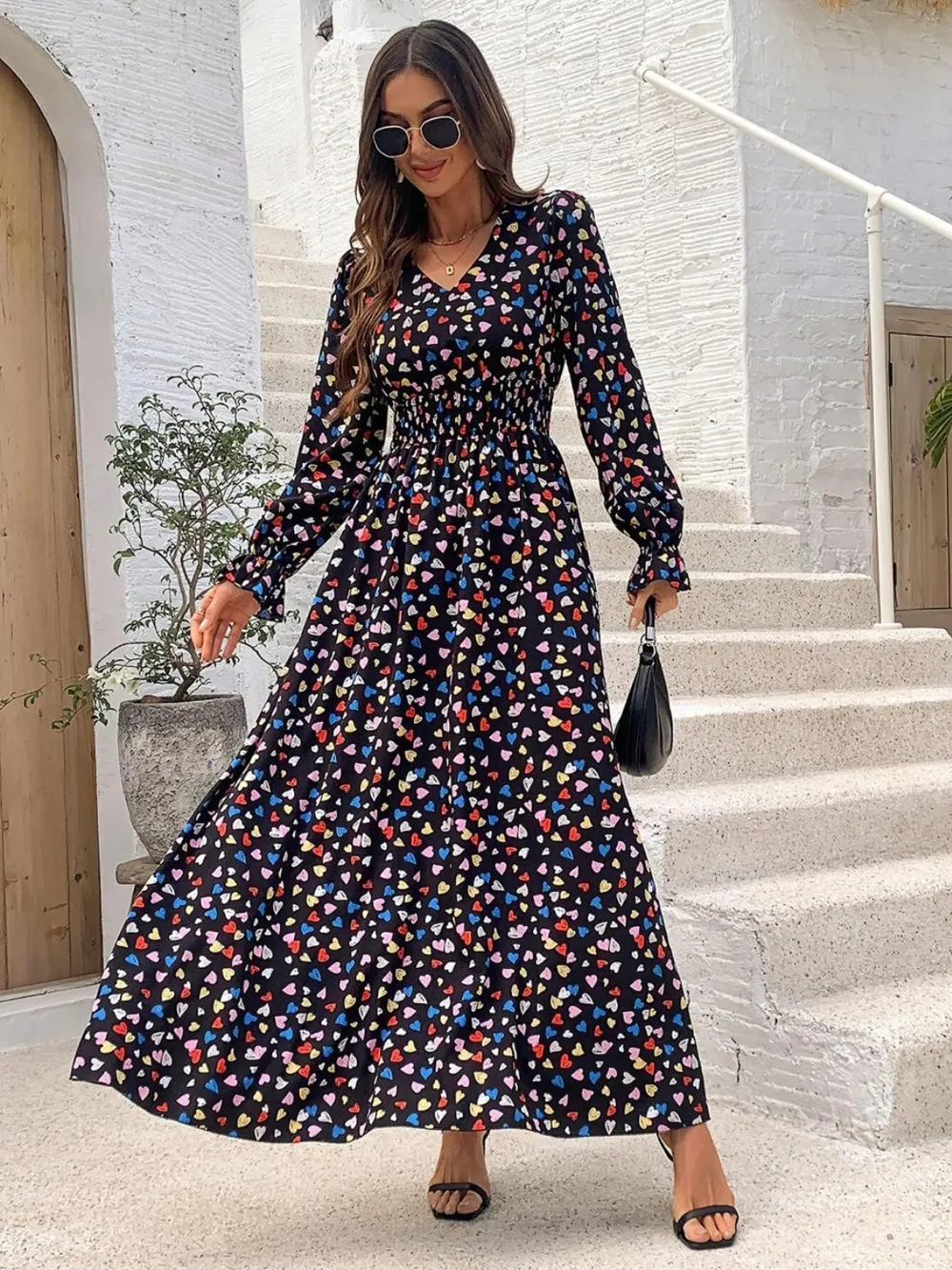 Smocked Printed V-Neck Flounce Sleeve Dress, image 9