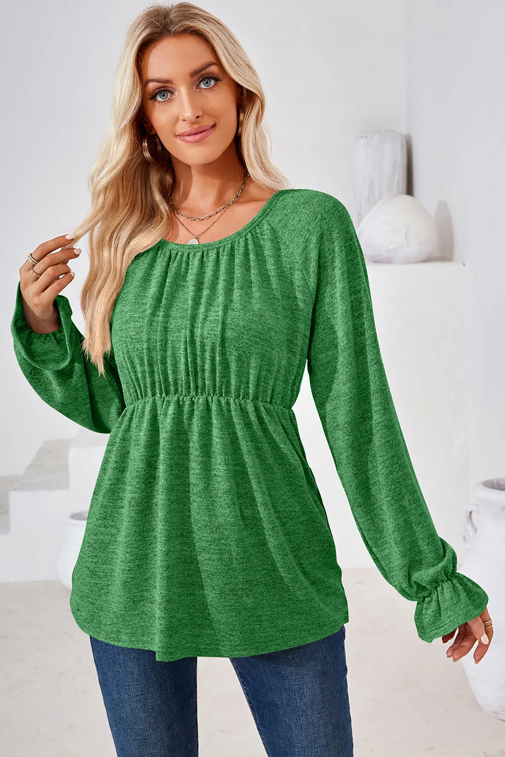 Ruched Round Neck Flounce Sleeve Blouse, image 14