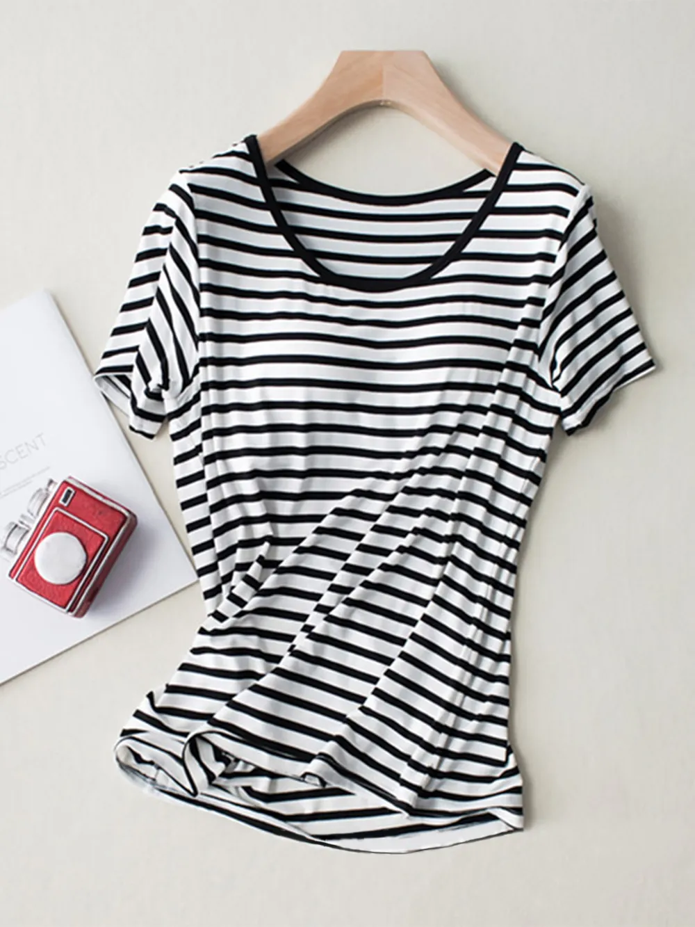 Striped Round Neck Short Sleeve T-Shirt with Bra, image 11