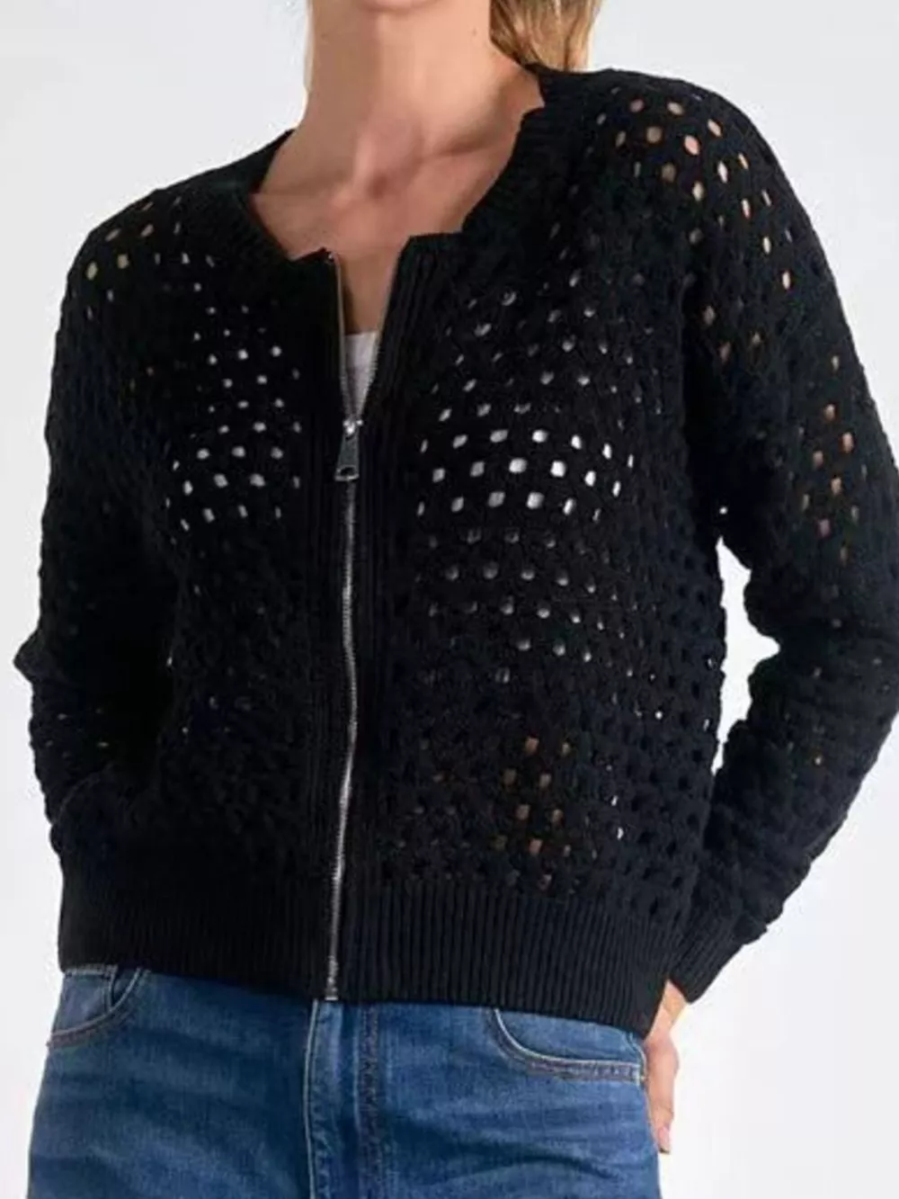 Full Size Zip Up Long Sleeve Cardigan with Eyelet Detail Plus Size, image 14