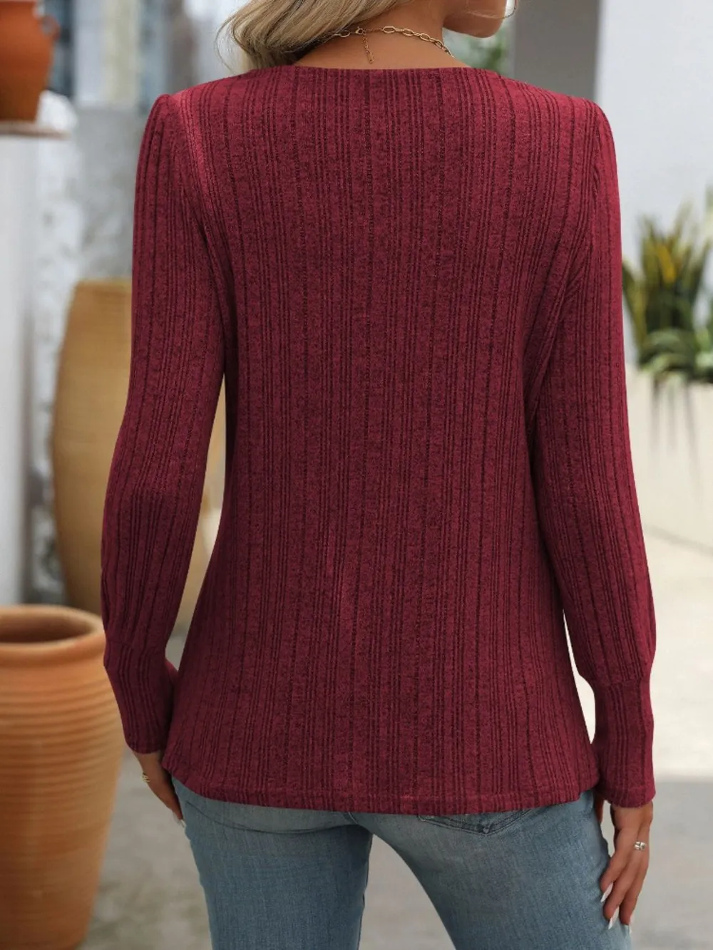 Decorative Button Striped Square Neck Long Sleeve T-Shirt, image 7