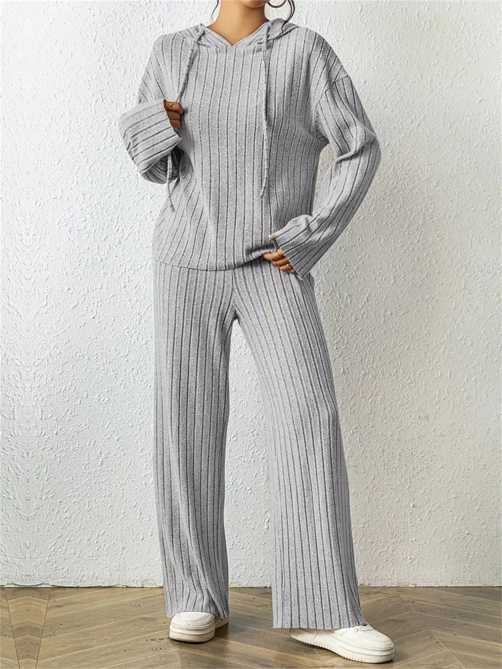Ribbed Drawstring Hoodie and Pants Set, image 5