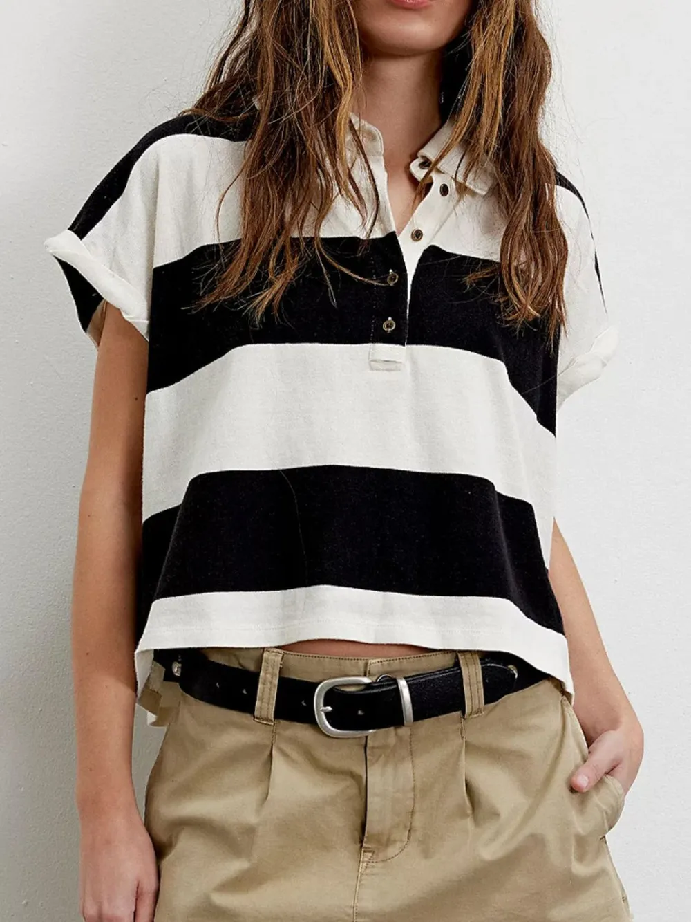 Striped Collared Neck Short Sleeve Top, image 6