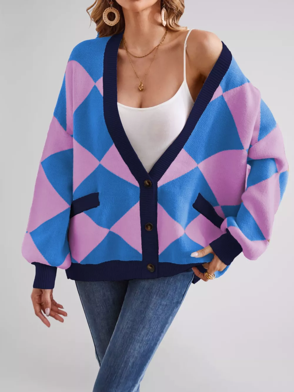 Diamond Pattern Button-Up Knit Cardigan, image 12