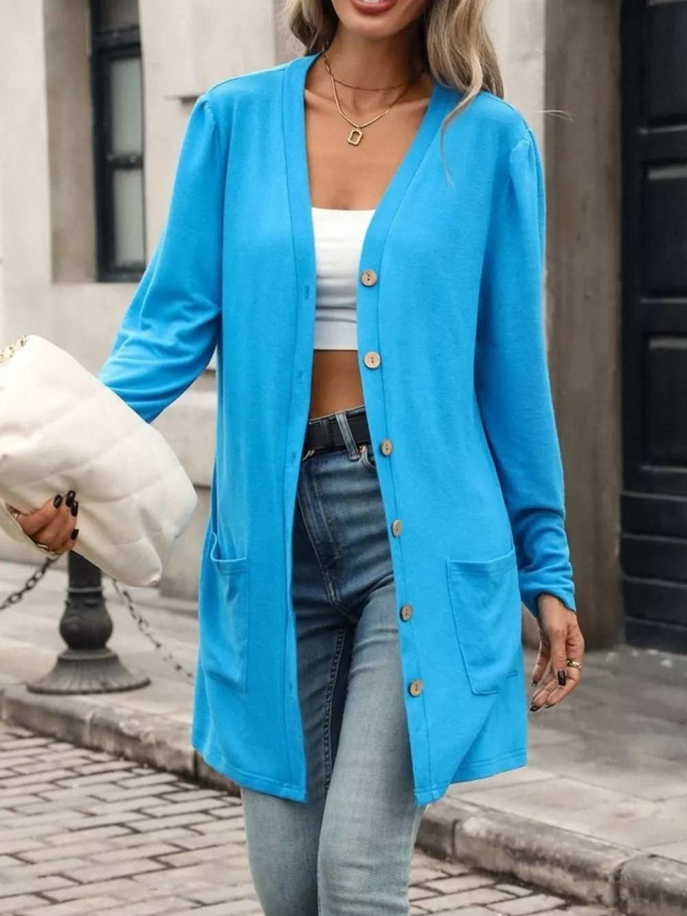 V-Neck Button-Up Long Sleeve Cardigan with Pockets, image 5
