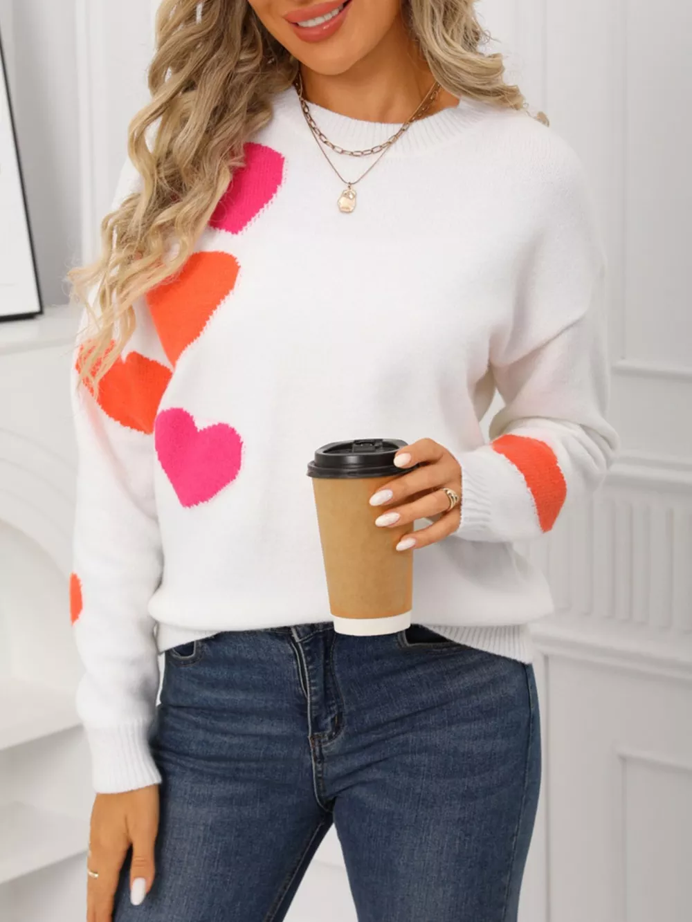 Valentine's Day Heart Pattern Round Neck Sweater, image 9
