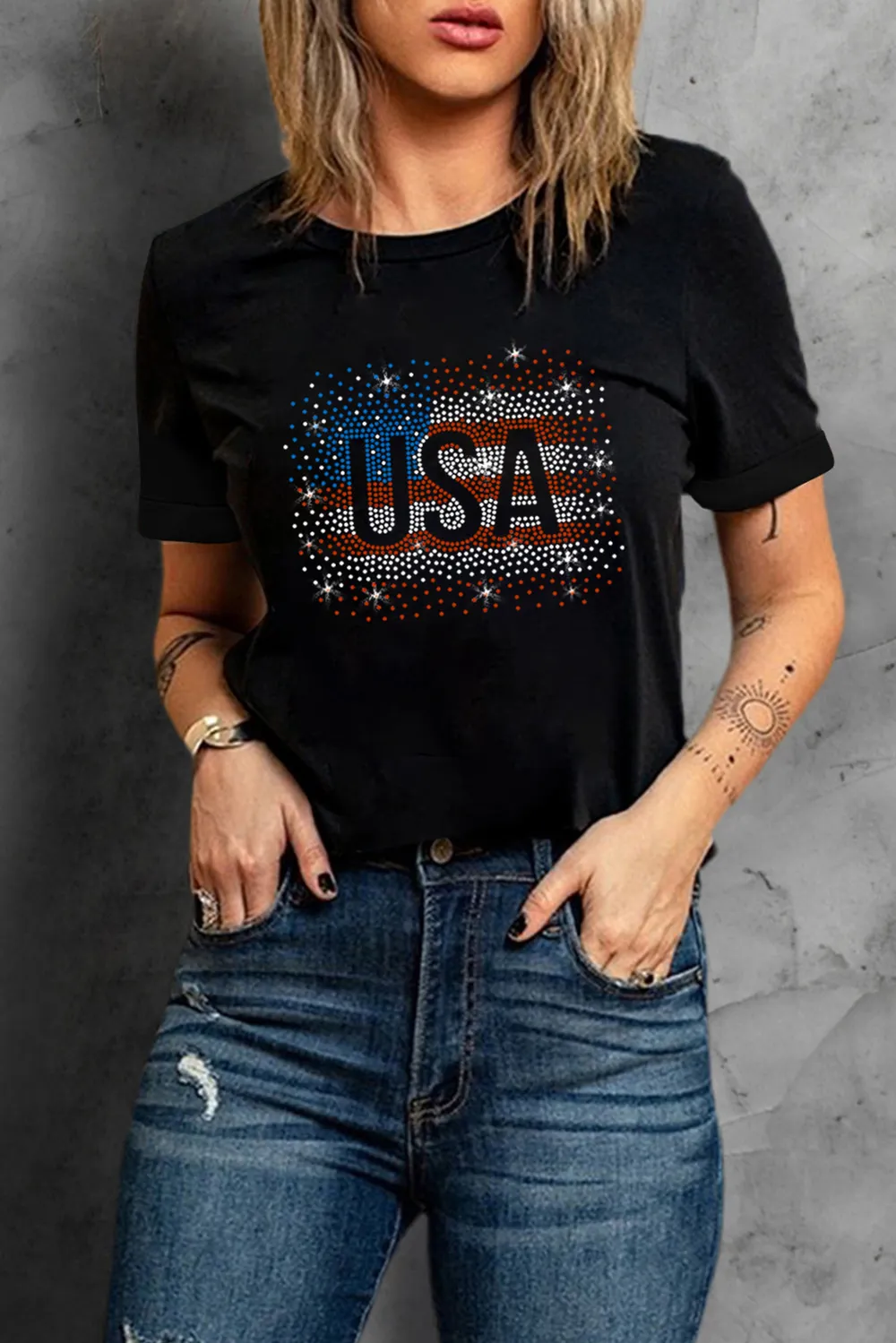 USA Rhinestone Round Neck Short Sleeve T-Shirt, image 6