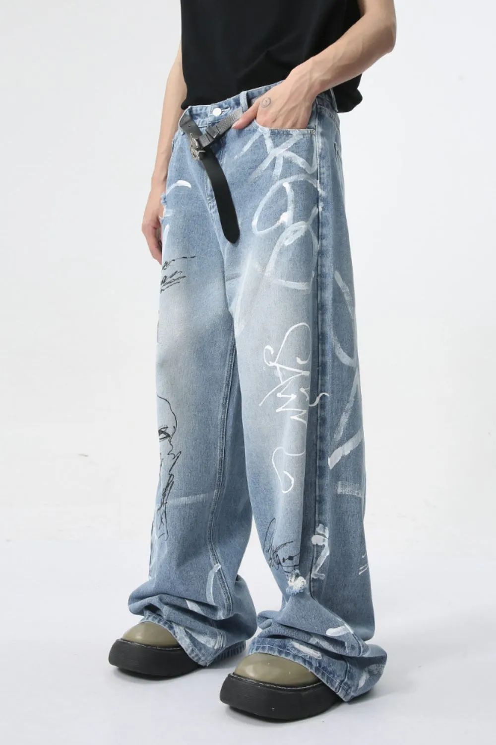 Mid Rise Graffiti Print Distressed Wide Leg Jeans, image 6