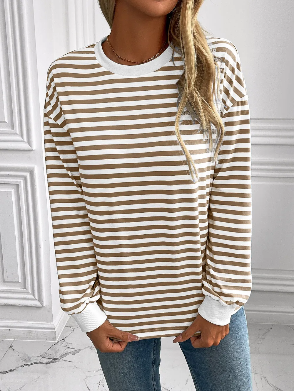 Striped Round Neck Long Sleeve Sweatshirt, image 16