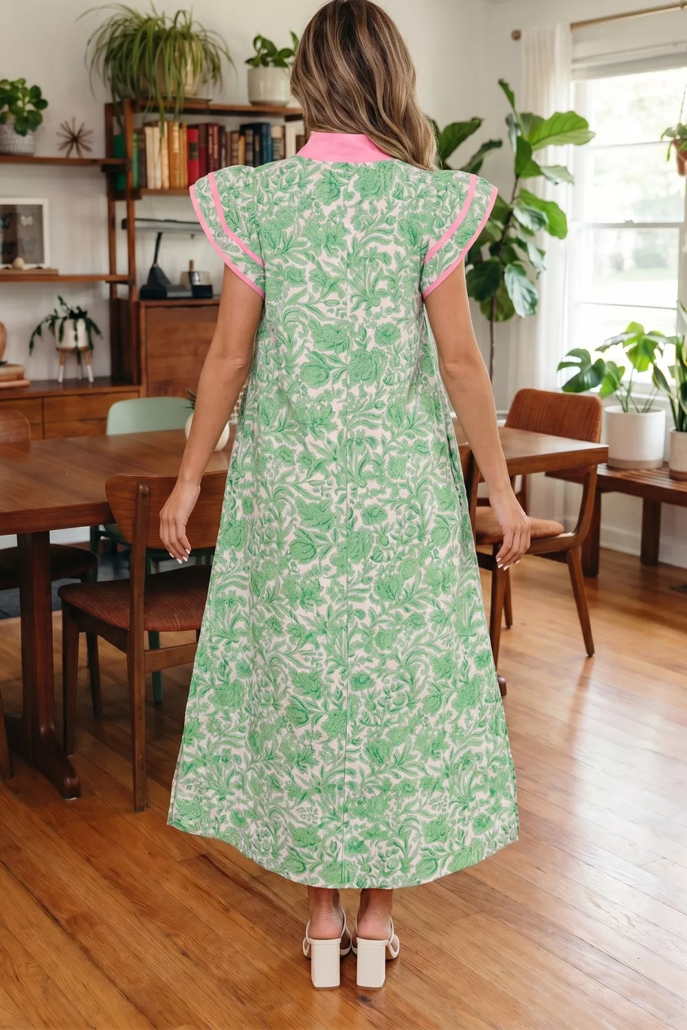 Contrast Trim Flutter Sleeve Floral Midi Dress, image 2