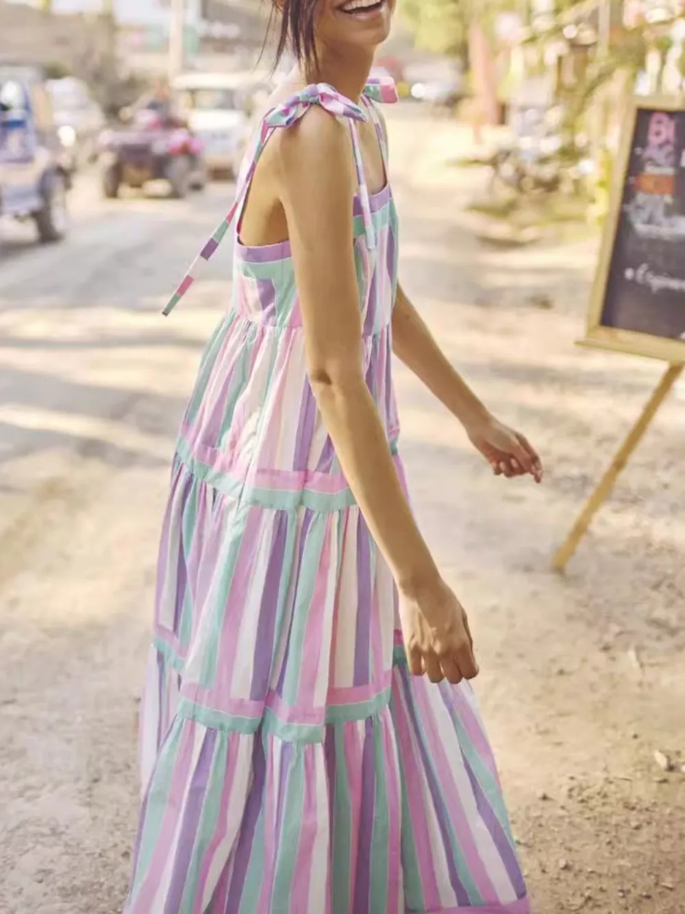 Striped Tiered Maxi Summer Dress with Bow Shoulder Ties, image 5