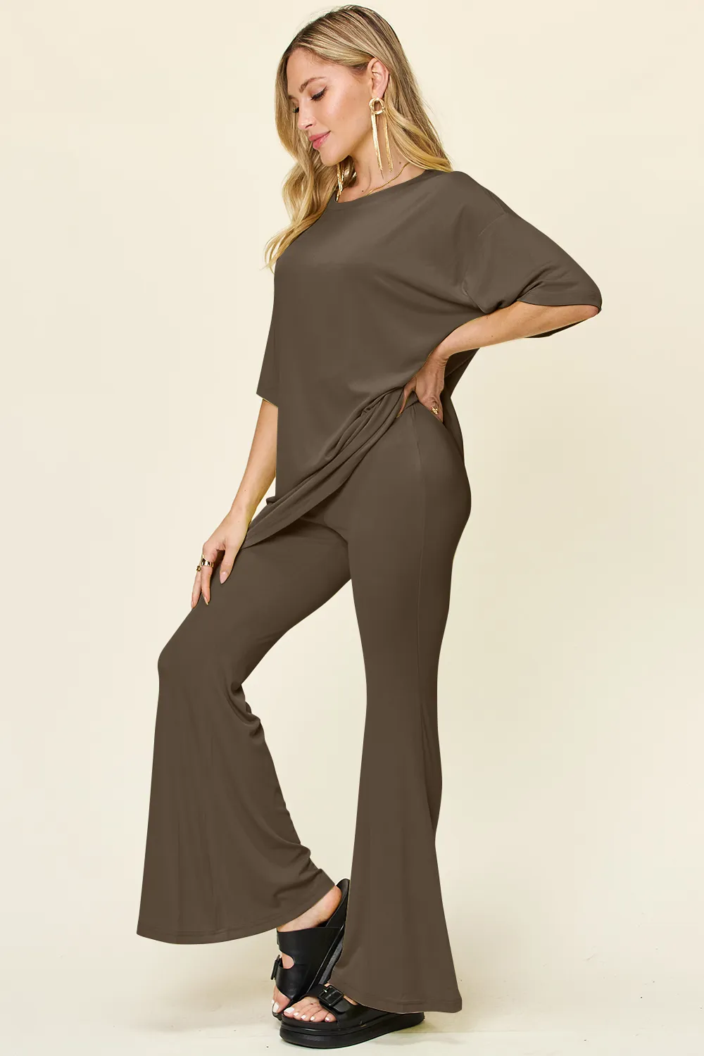 Full Size Round Neck Drop Shoulder T-Shirt and Flare Pants Set, image 14