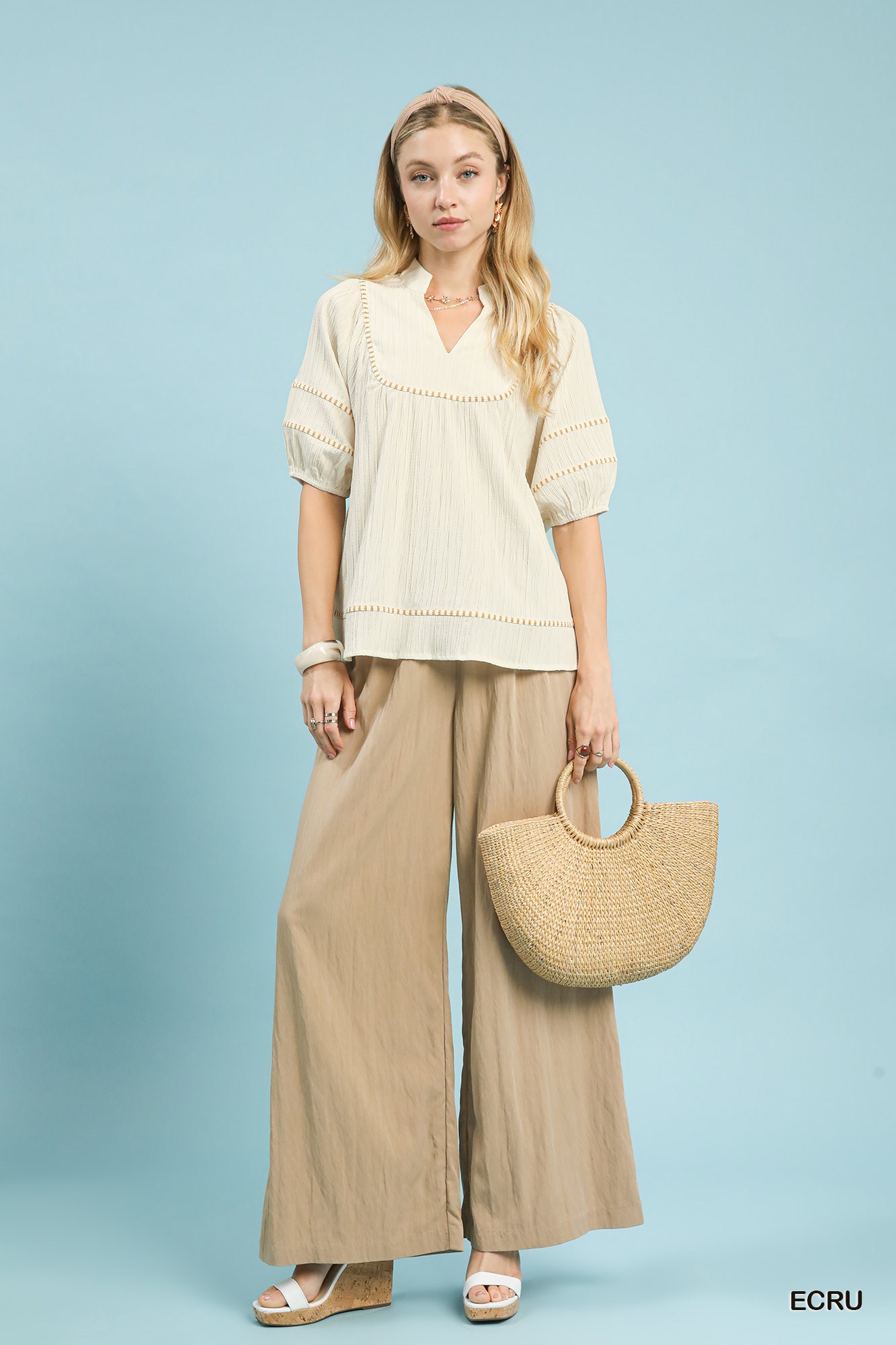 Textured Short Sleeve Top with Contrast Trim, image 5