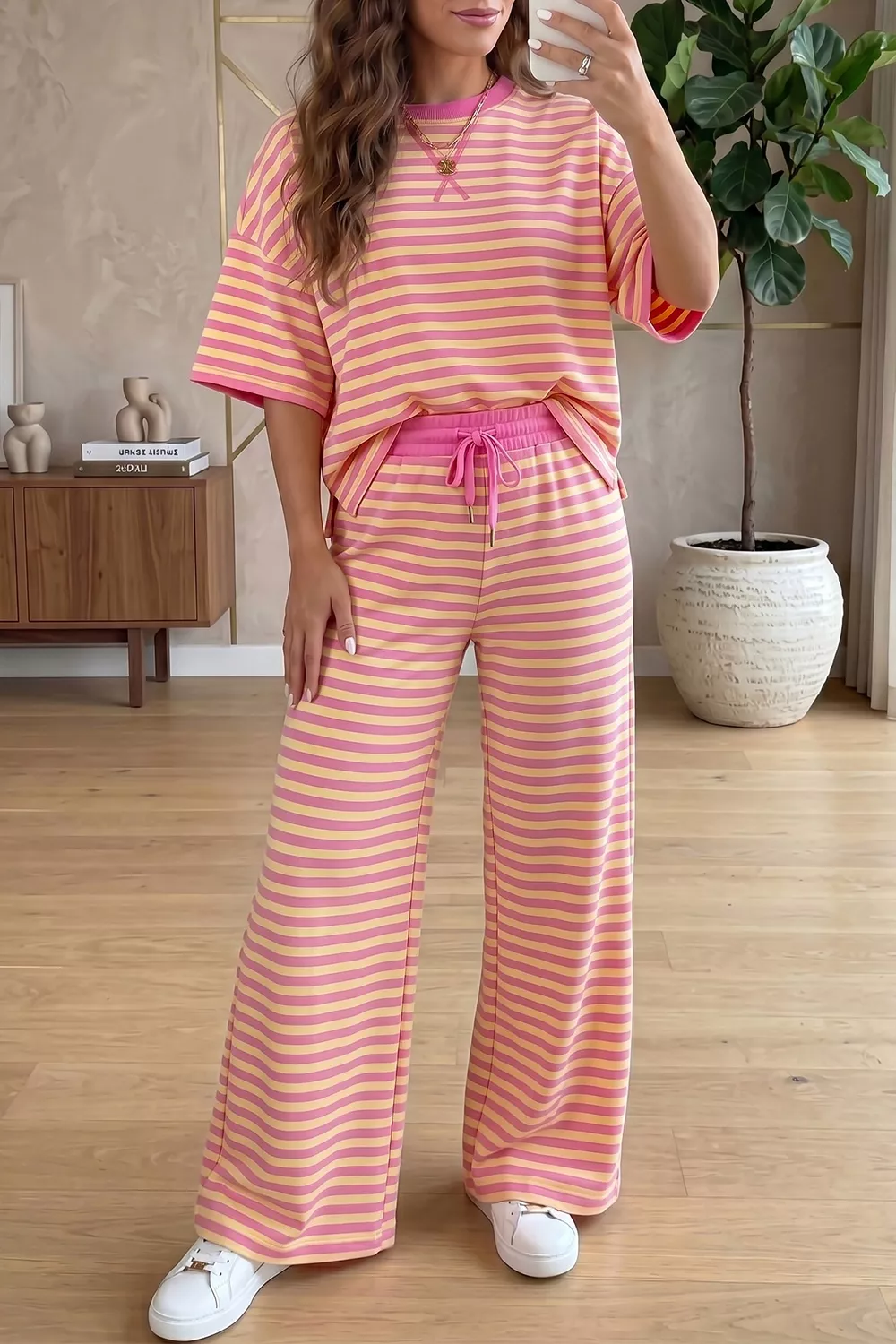 Stripe Colorblock Trim Crew Neck Loose Tee Drawstring Elastic Waist 2pcs Pant Set, image 10