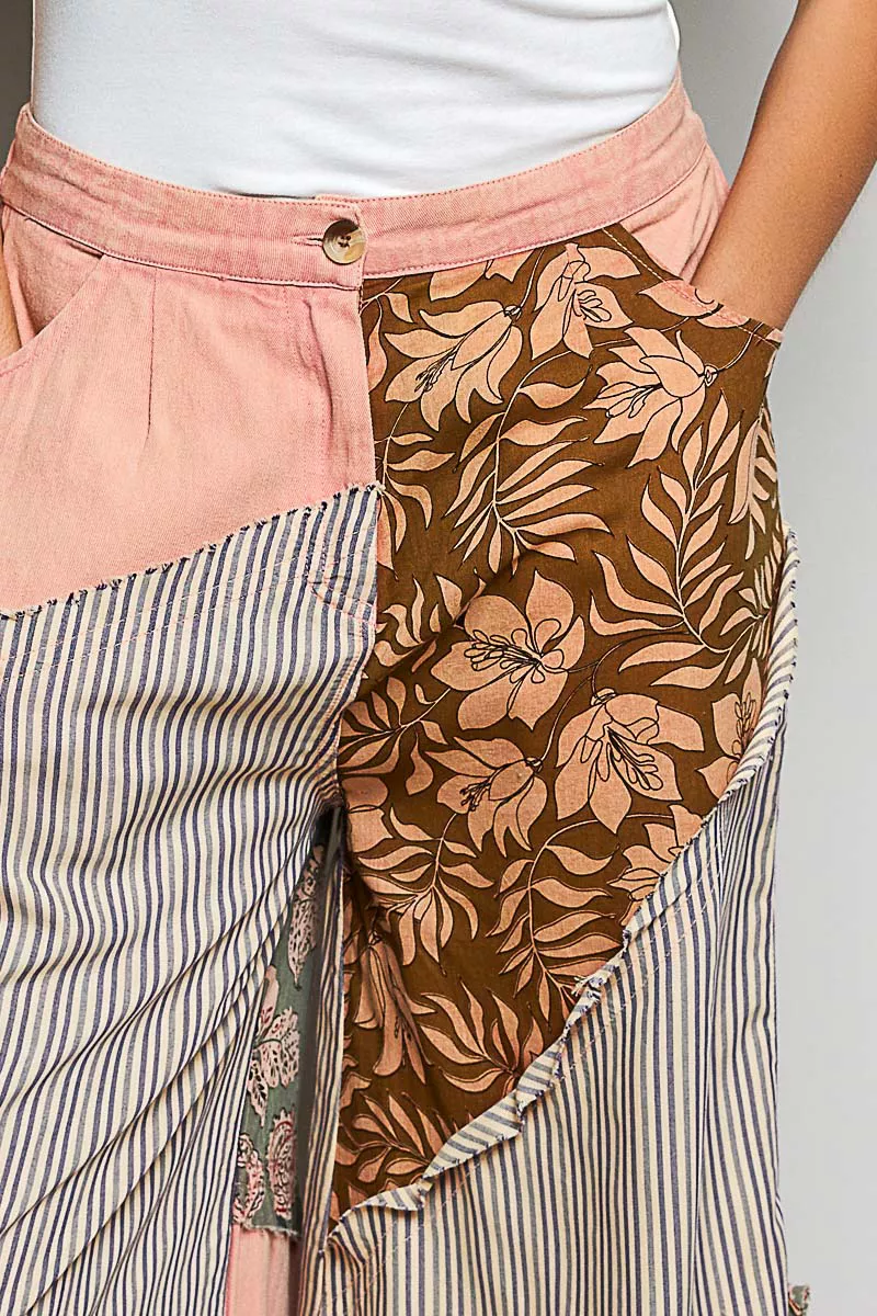 Striped Floral Patchwork Wide leg Pants with Side Big Star Patch, image 5