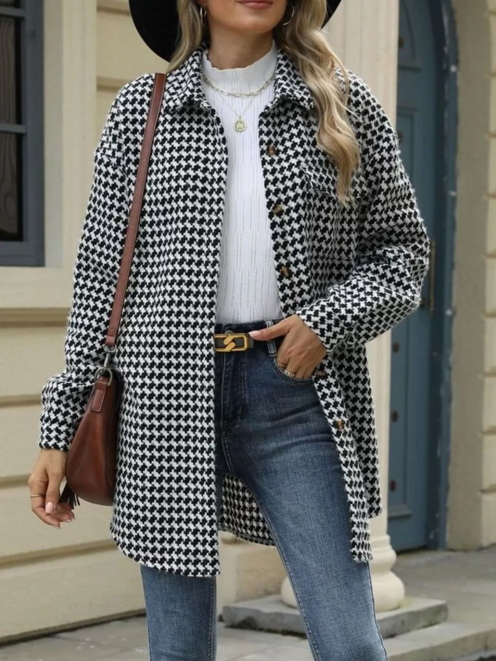 Houndstooth Button Up Long Sleeve Coat, image 6