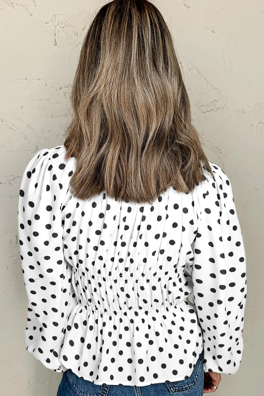 Bow Polka Dot Square Neck Long Sleeve Blouse, image 3