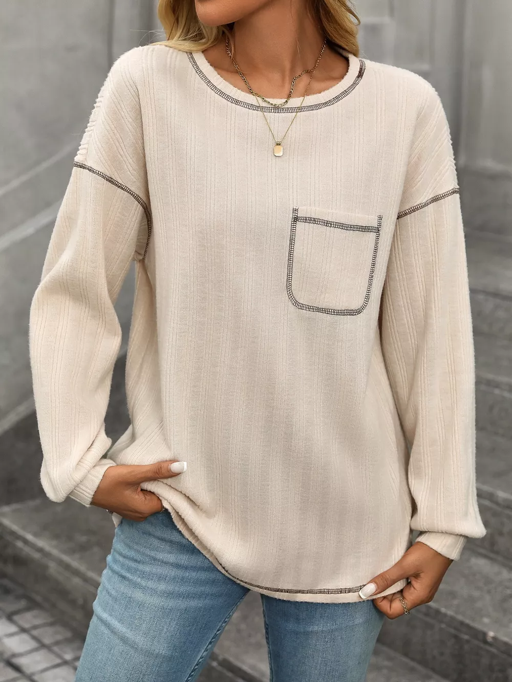 Casual Pocket Detail Long Sleeve T-Shirt, image 3