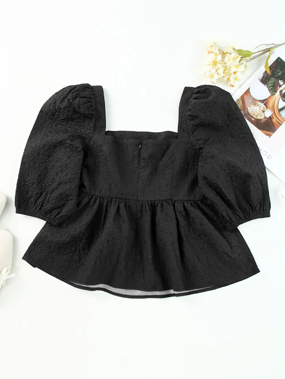Textured Square Neck Puff Sleeve Peplum Blouse, image 7