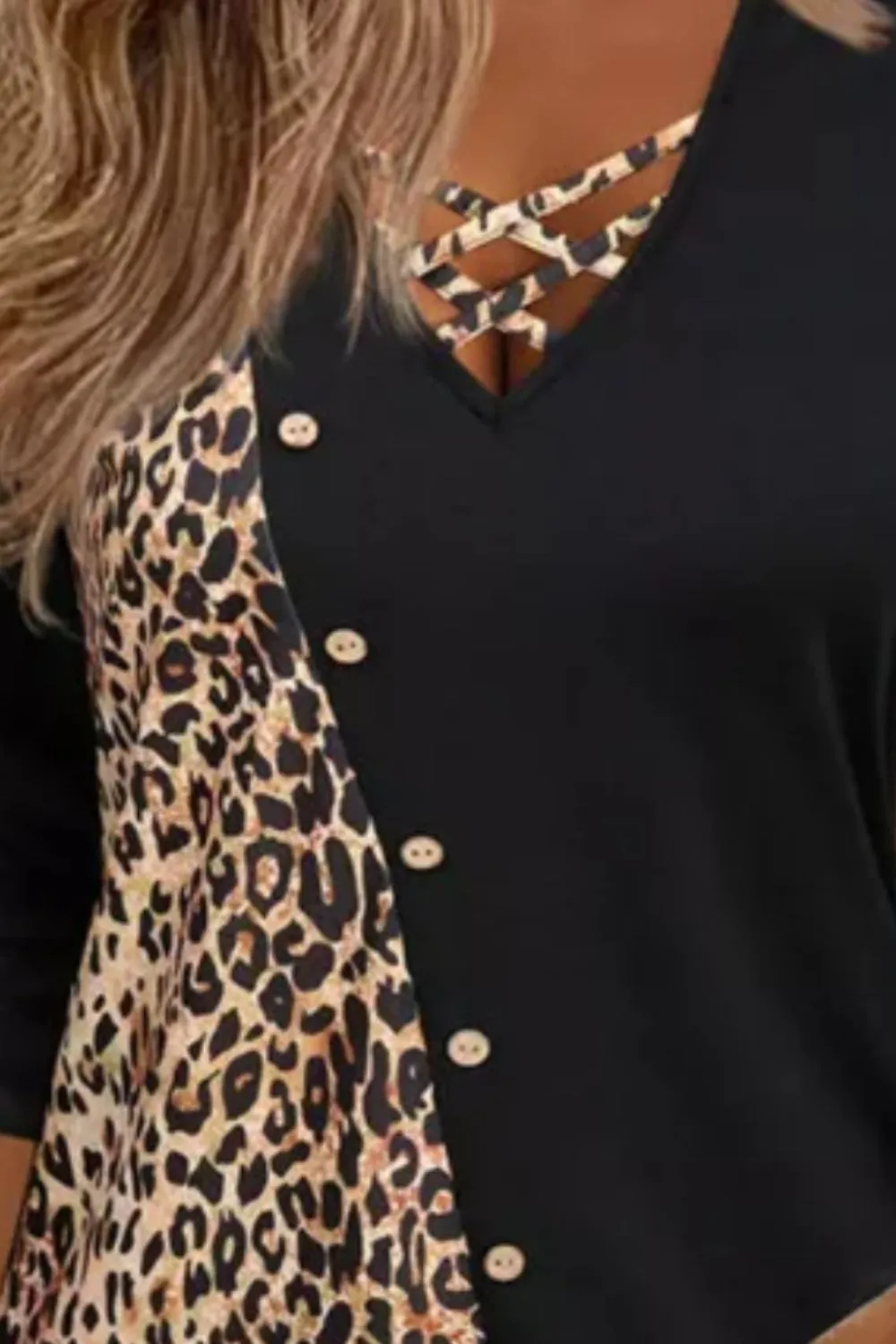 Crisscross Leopard V-Neck Long Sleeve T-Shirt, image 3