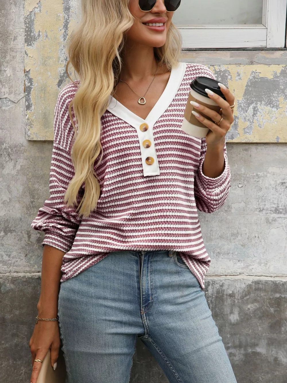 Striped Button Detail Long Sleeve T-Shirt, image 11