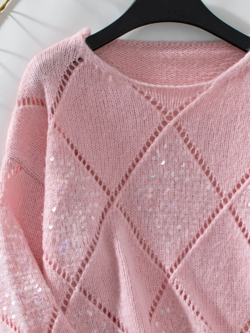 Openwork Round Neck Long Sleeve Knit Top, image 7