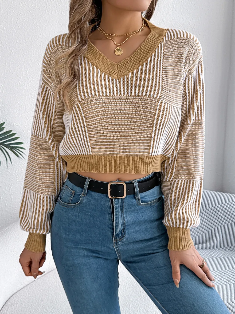 Striped V-Neck Long Sleeve Sweater, image 10