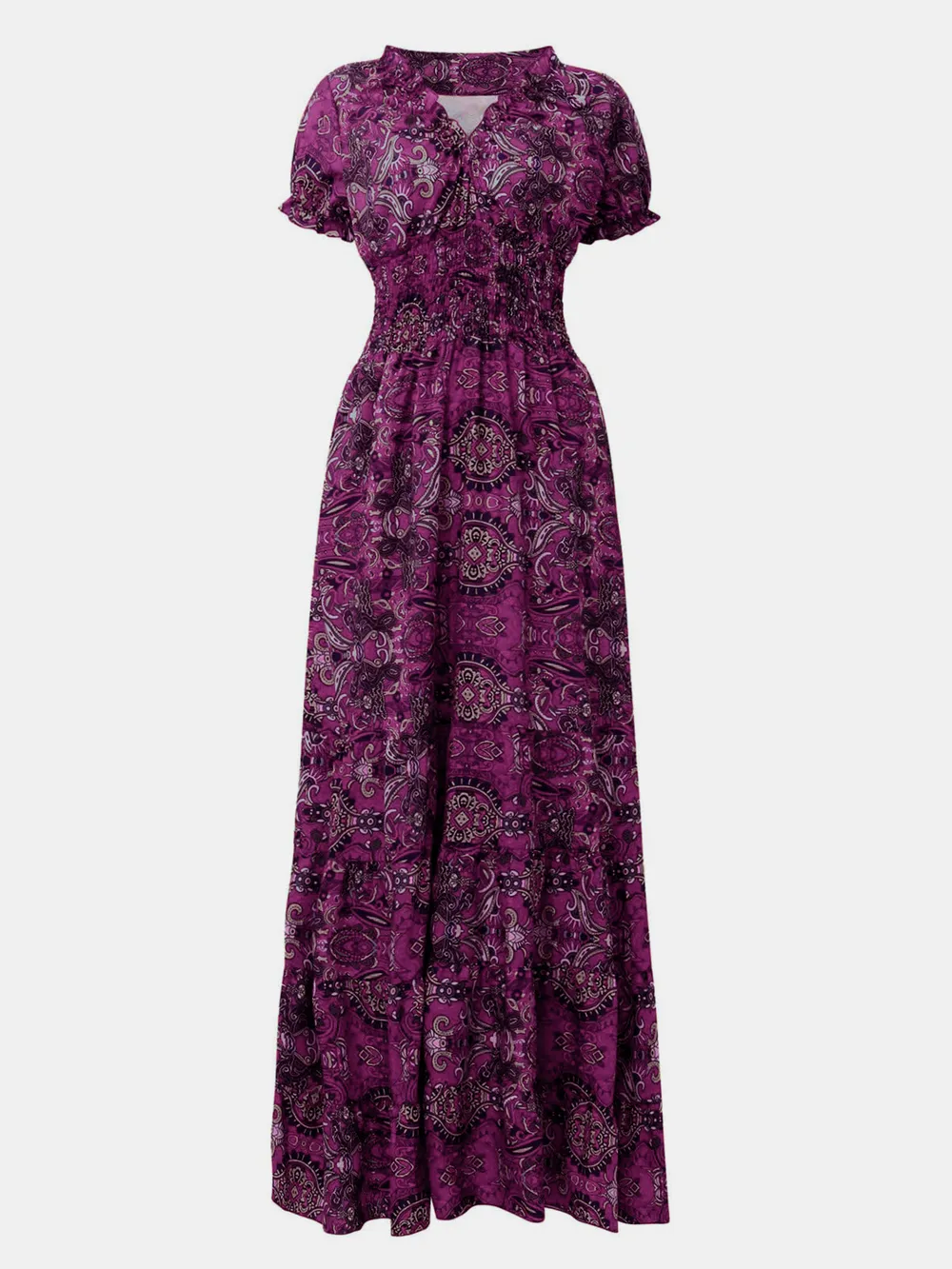 Full Size Smocked Printed V-Neck Short Sleeve Dress, image 14