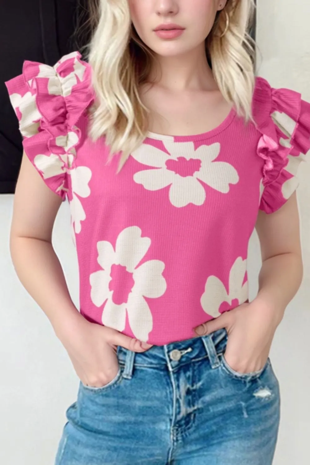 Flower Round Neck Ruffled Sleeve Top
