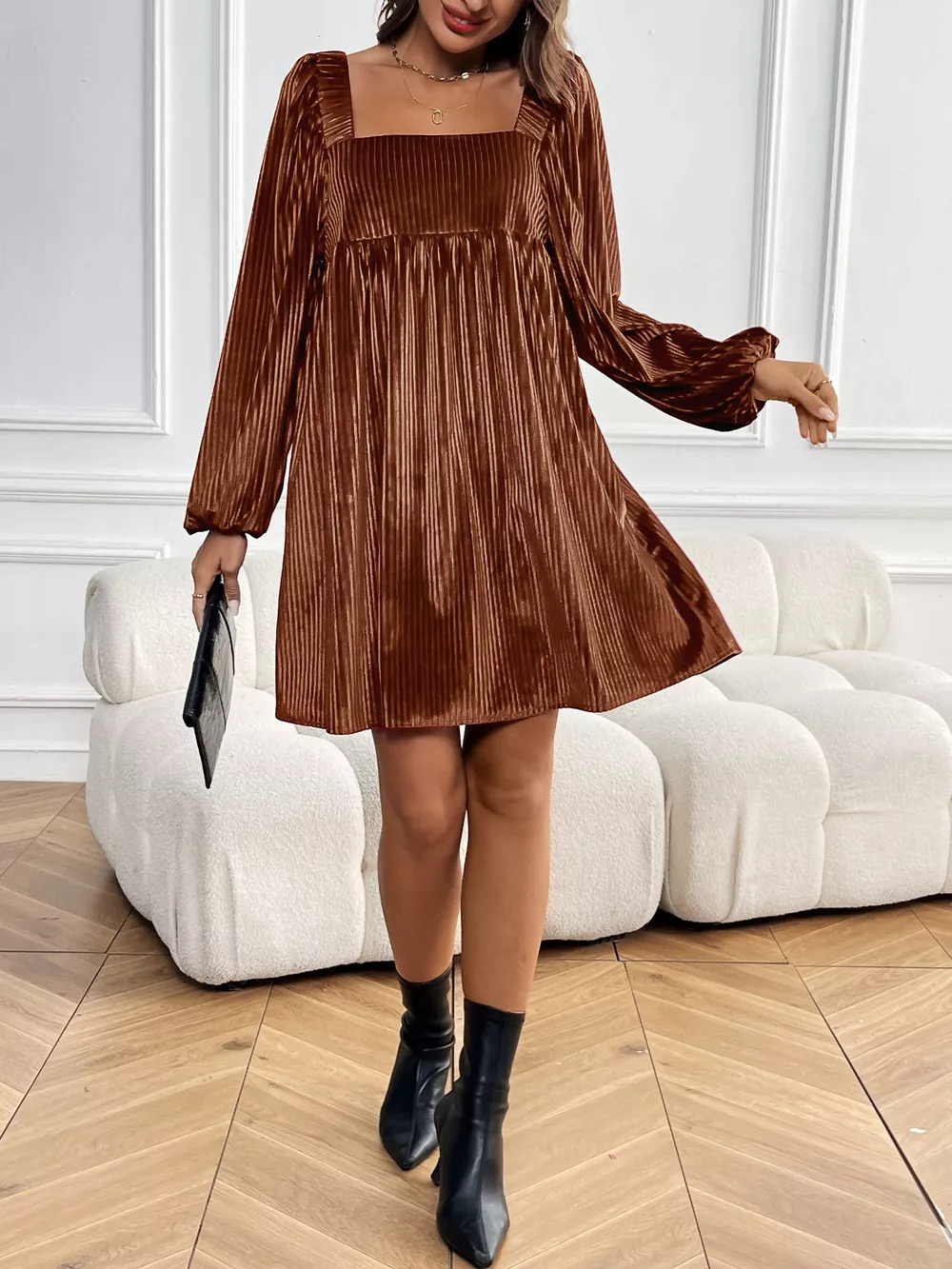 Velvet Square Neck Long Sleeve Dress, image 4
