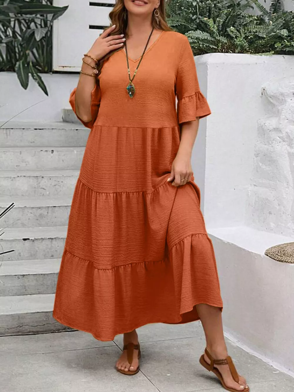 Plus Size Ruffle Sleeves Tiered Midi Dress, image 23
