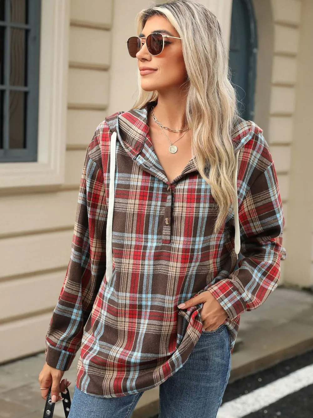 Drawstring Plaid Hooded Long Sleeve Top, image 16