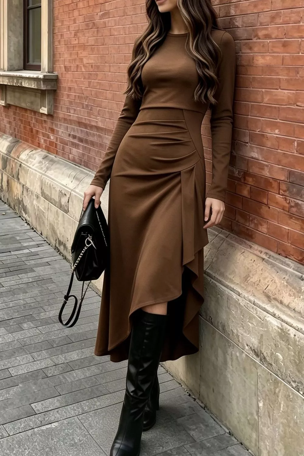 Ruched Asymmetrical Hem Long Sleeve Dress, image 5
