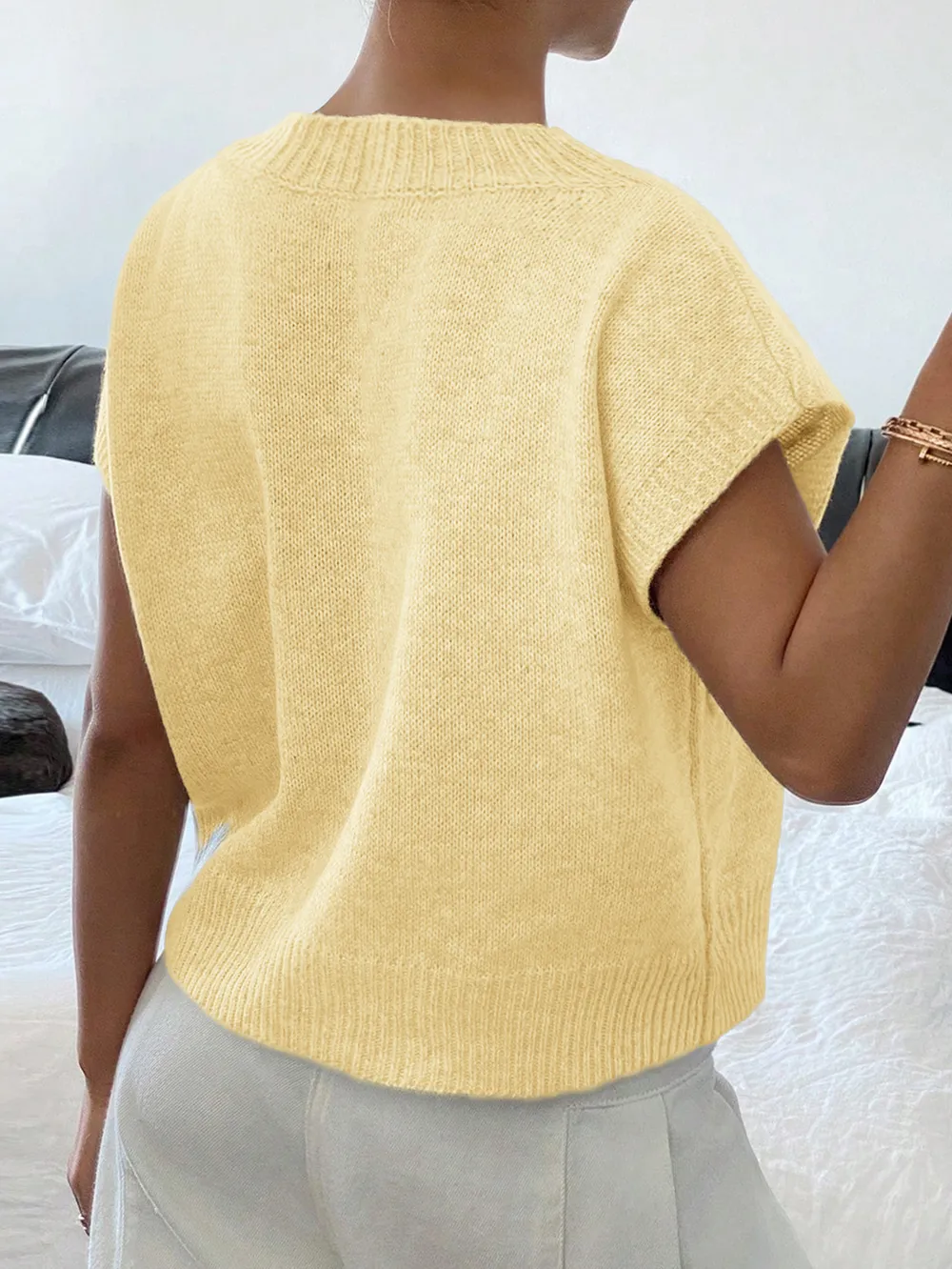 Ribbed Hem V-Neck Short Sleeve Sweater, image 13