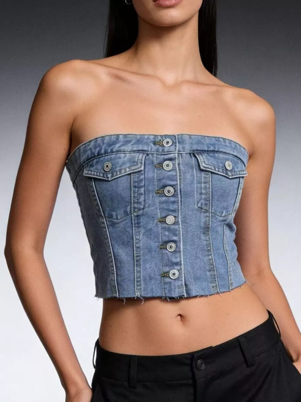 Button-Front Strapless Denim Top, image 2