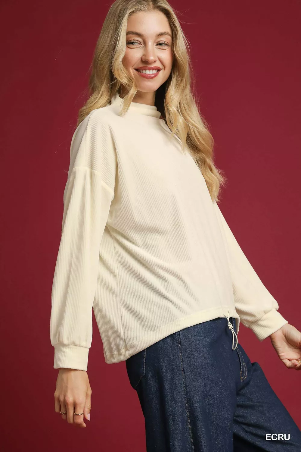 Ribbed Drawstring Hem Knit Top, image 2