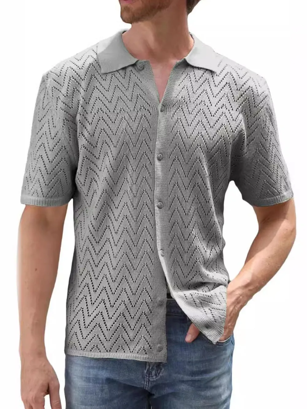 Men's Full Size Openwork Button Down Short Sleeve Shirt Plus Size, image 5