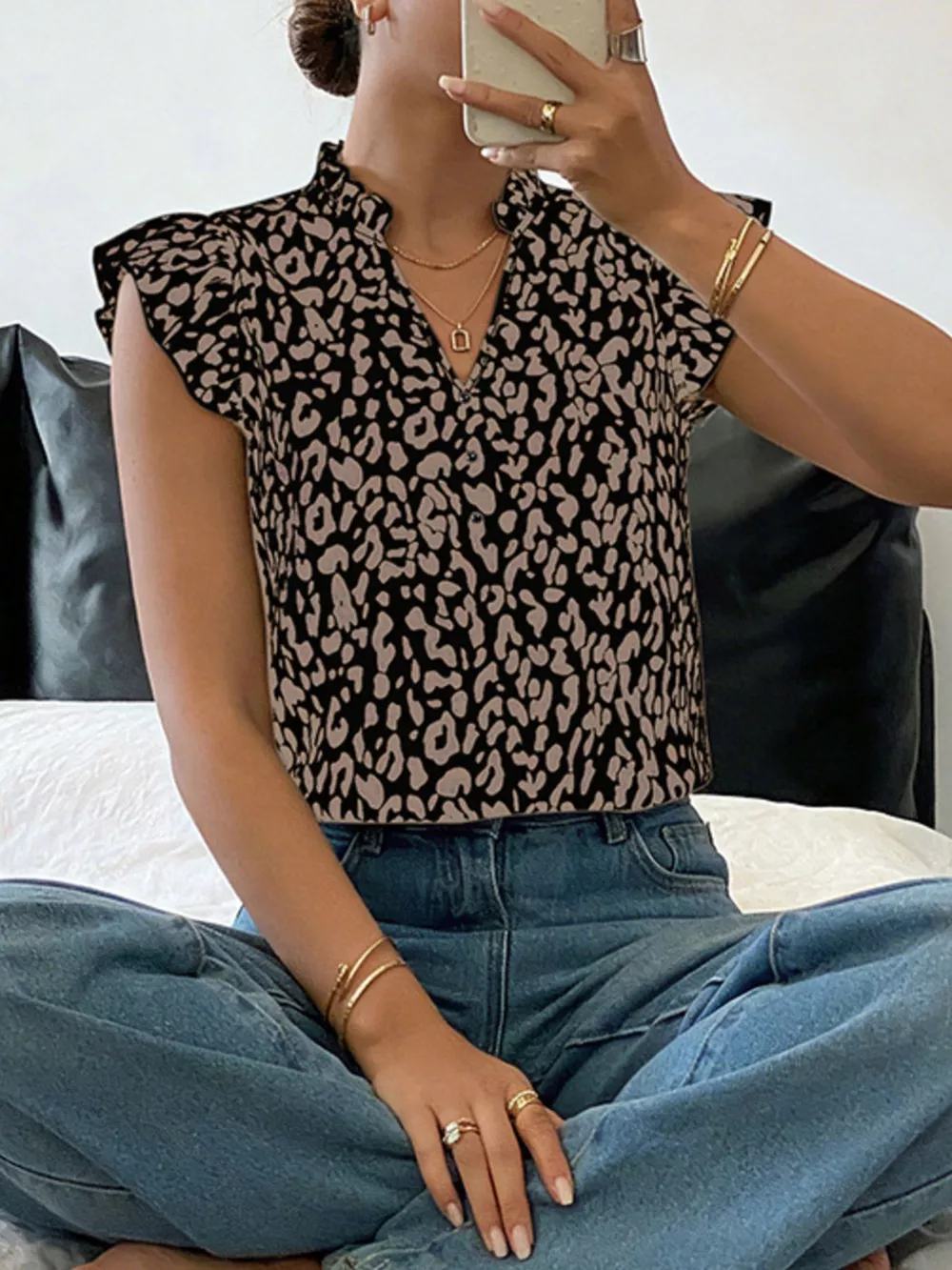 Leopard Print Ruffle Sleeve Blouse, image 7