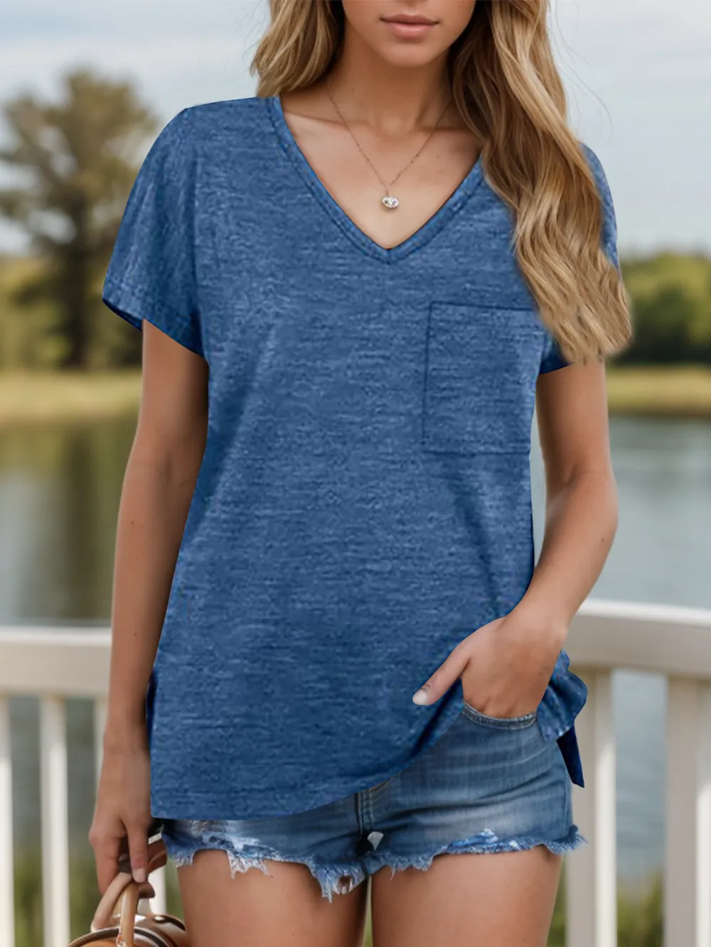 Pocketed Heathered V-Neck Short Sleeve T-Shirt, image 2
