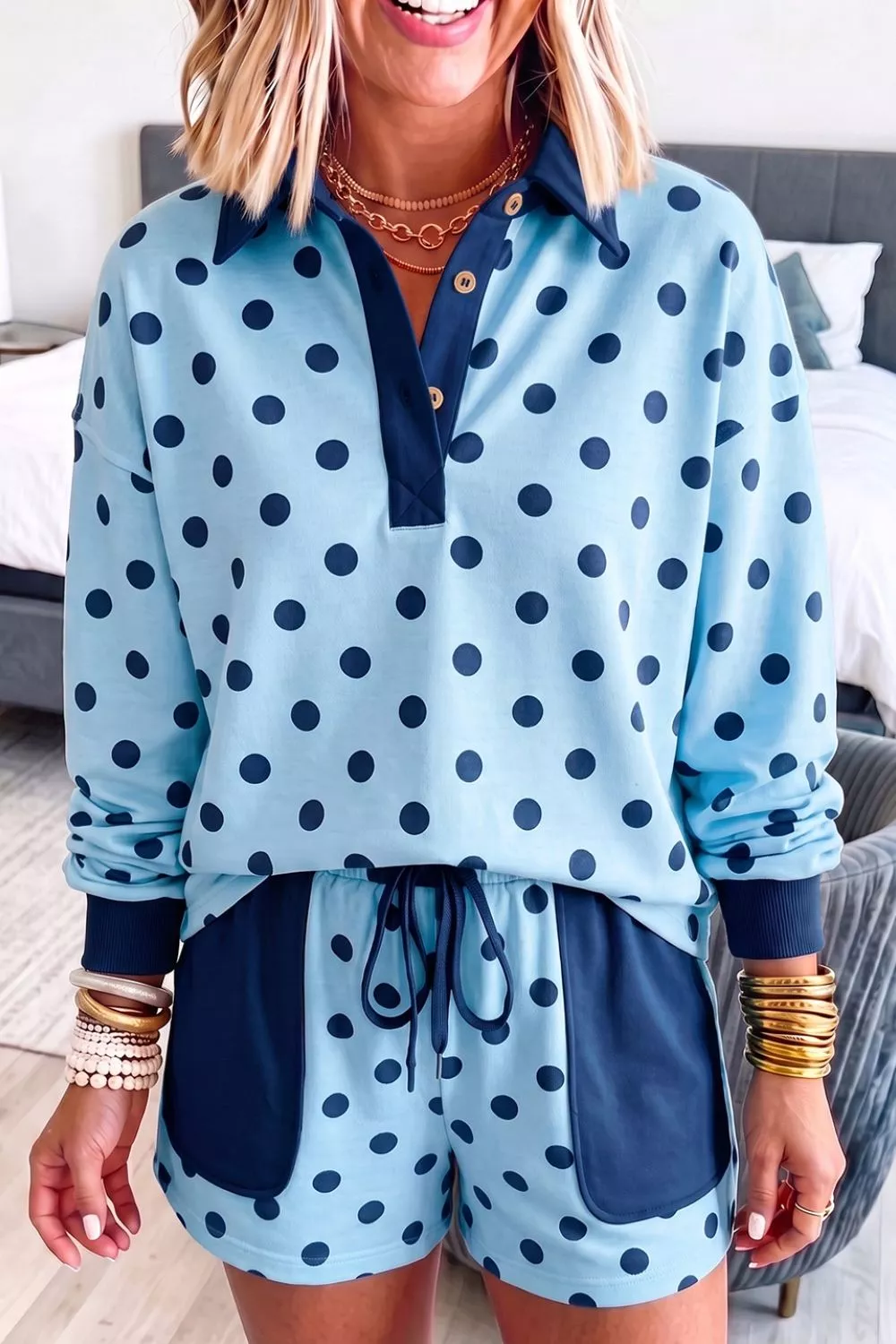 Polka Dot Drop Shoulder Polo Loose Pullover Patch Pocket Casual Shorts Set, image 5