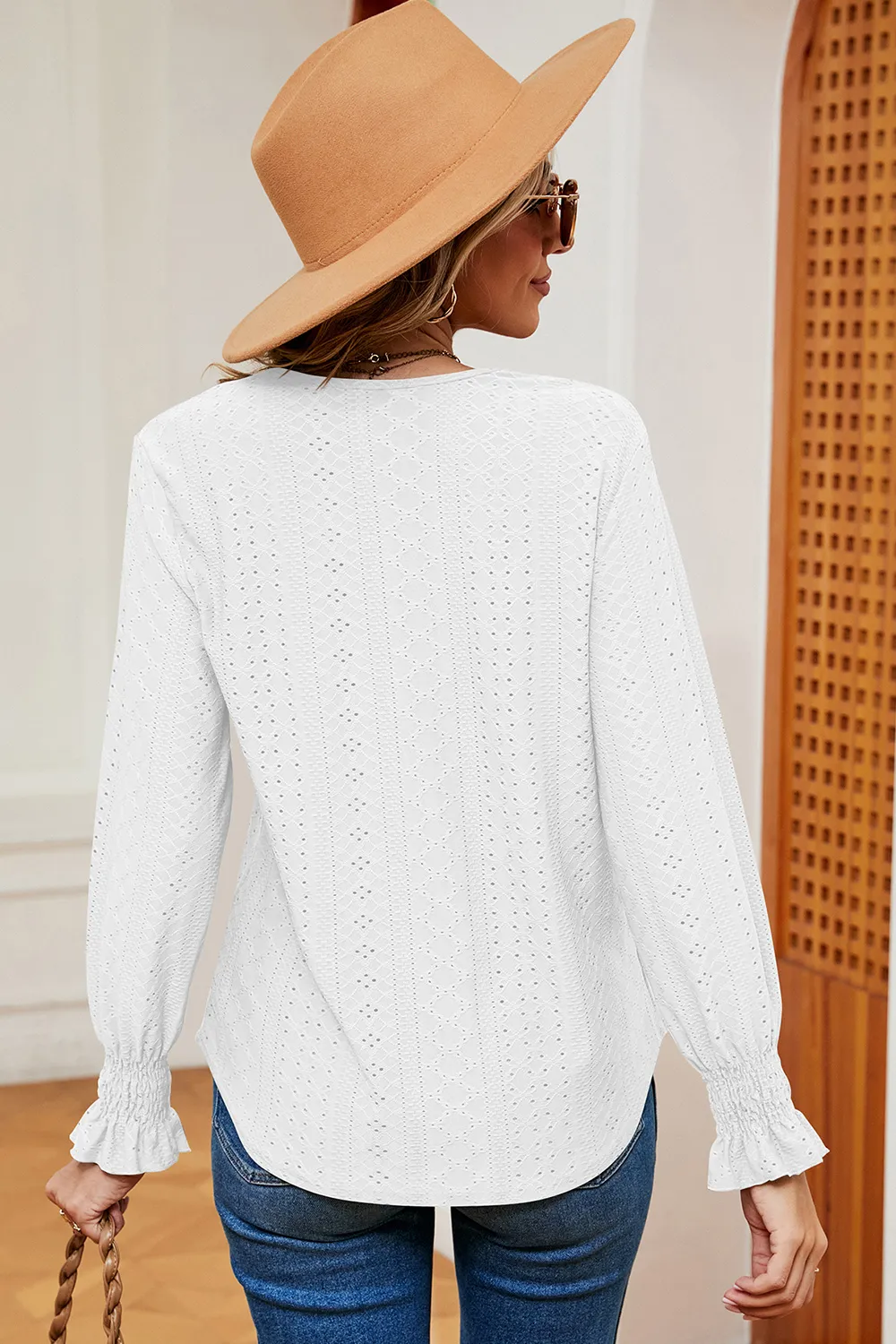 Eyelet V-Neck Flounce Sleeve T-Shirt, image 4