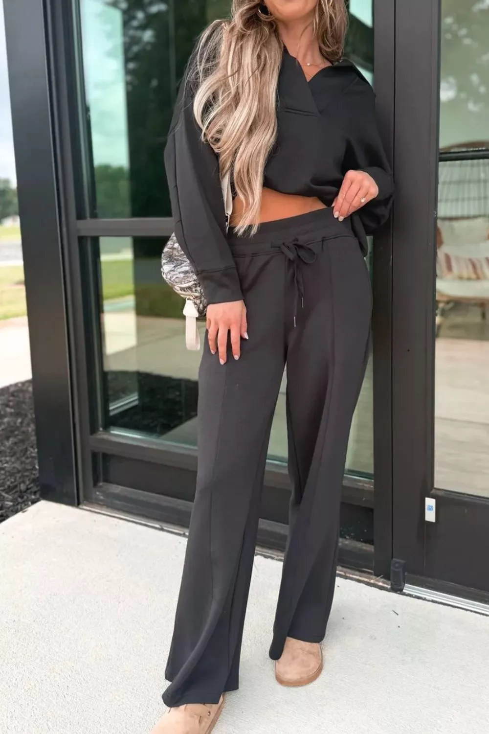 Collared V Neck Pullover Sweatshirt Sweatpants Set, image 4