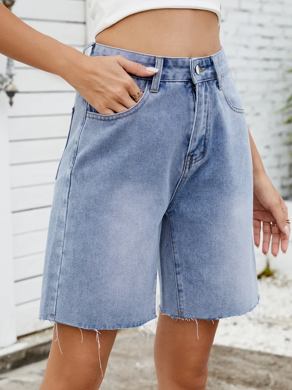 Washed Raw Hem Denim Shorts, image 6