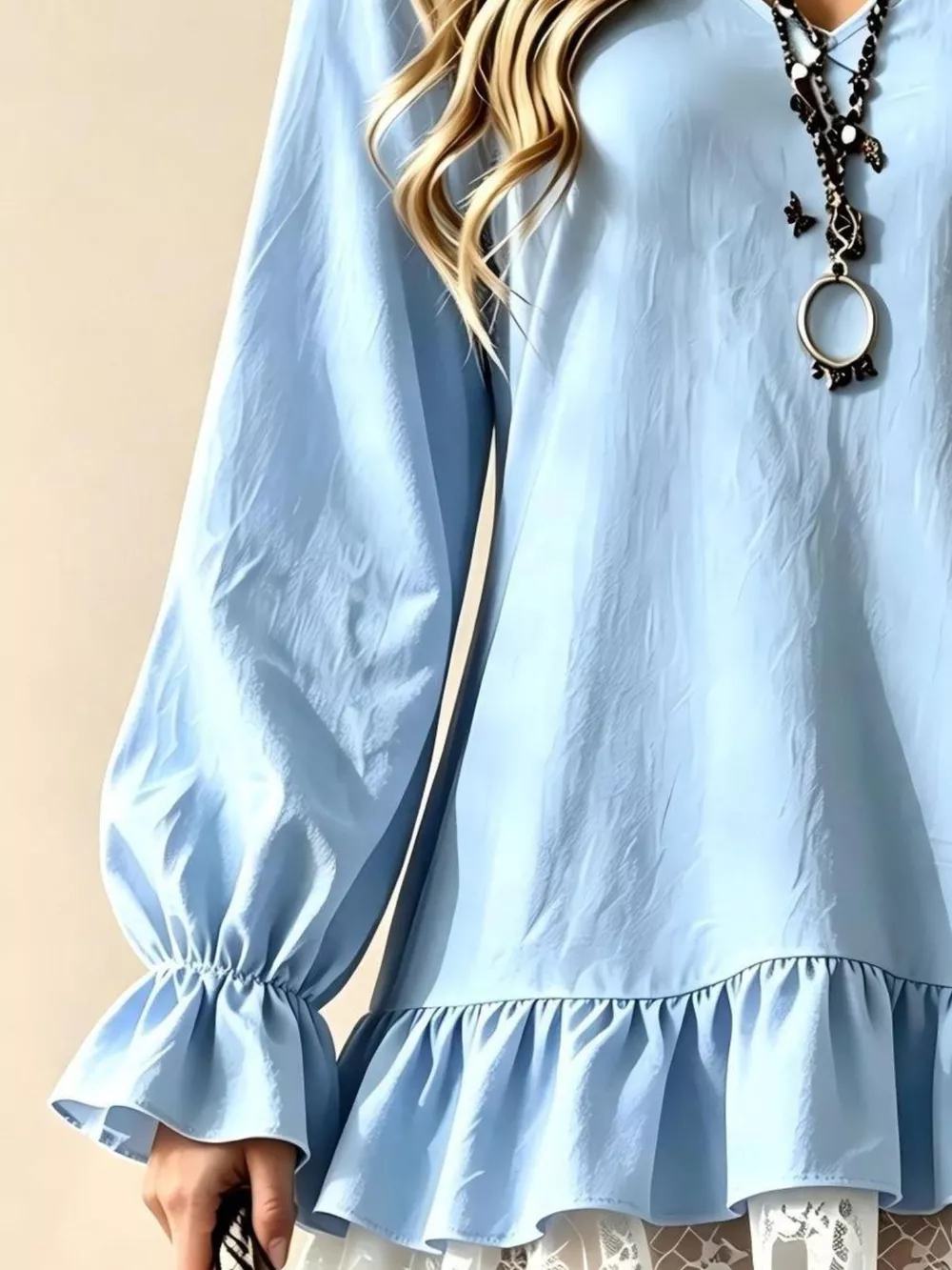 V-Neck Long Sleeve Ruffle Hem Lace Detail Dress, image 10