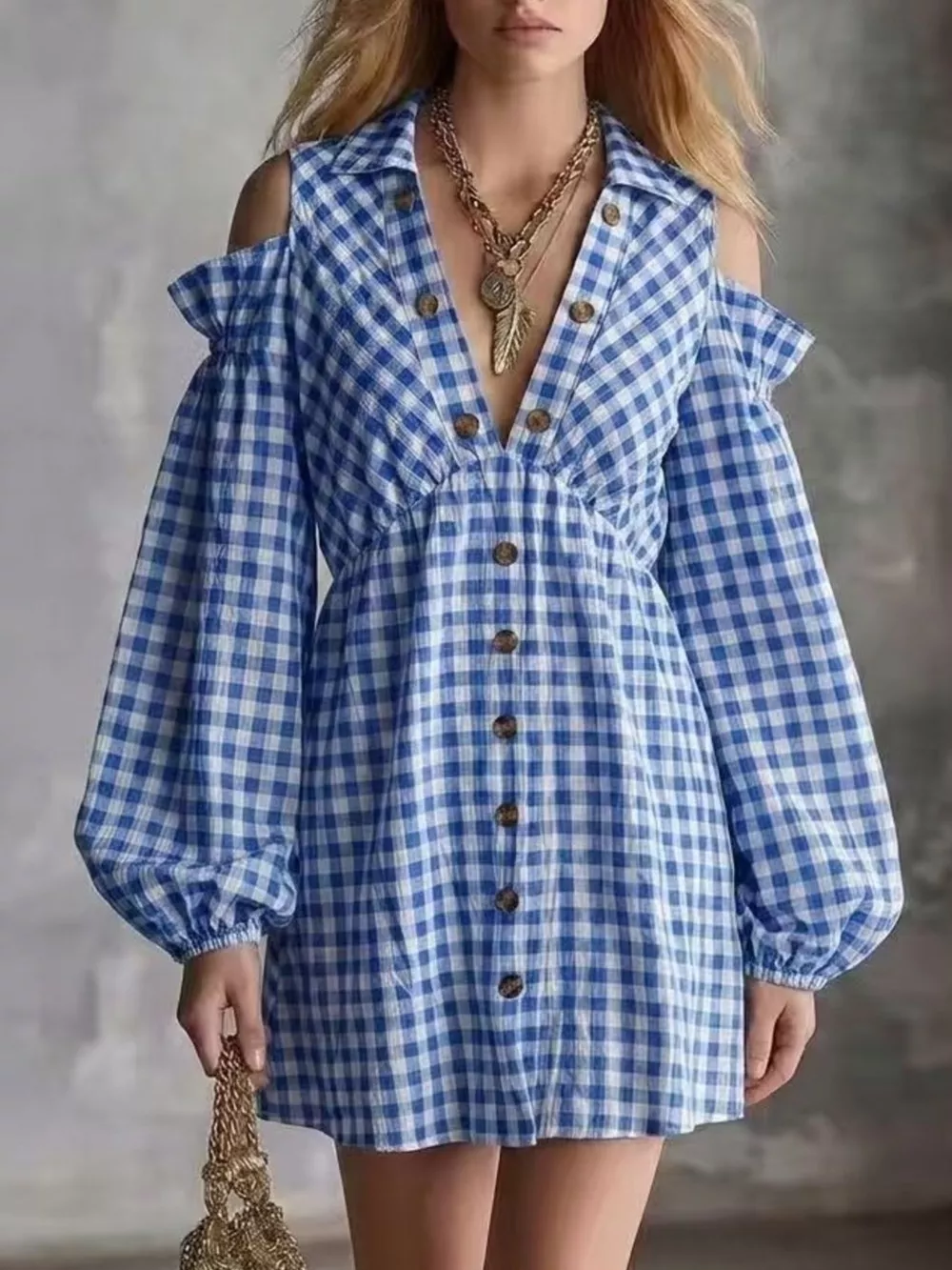 Gingham Cold-Shoulder Mini Dress, image 5