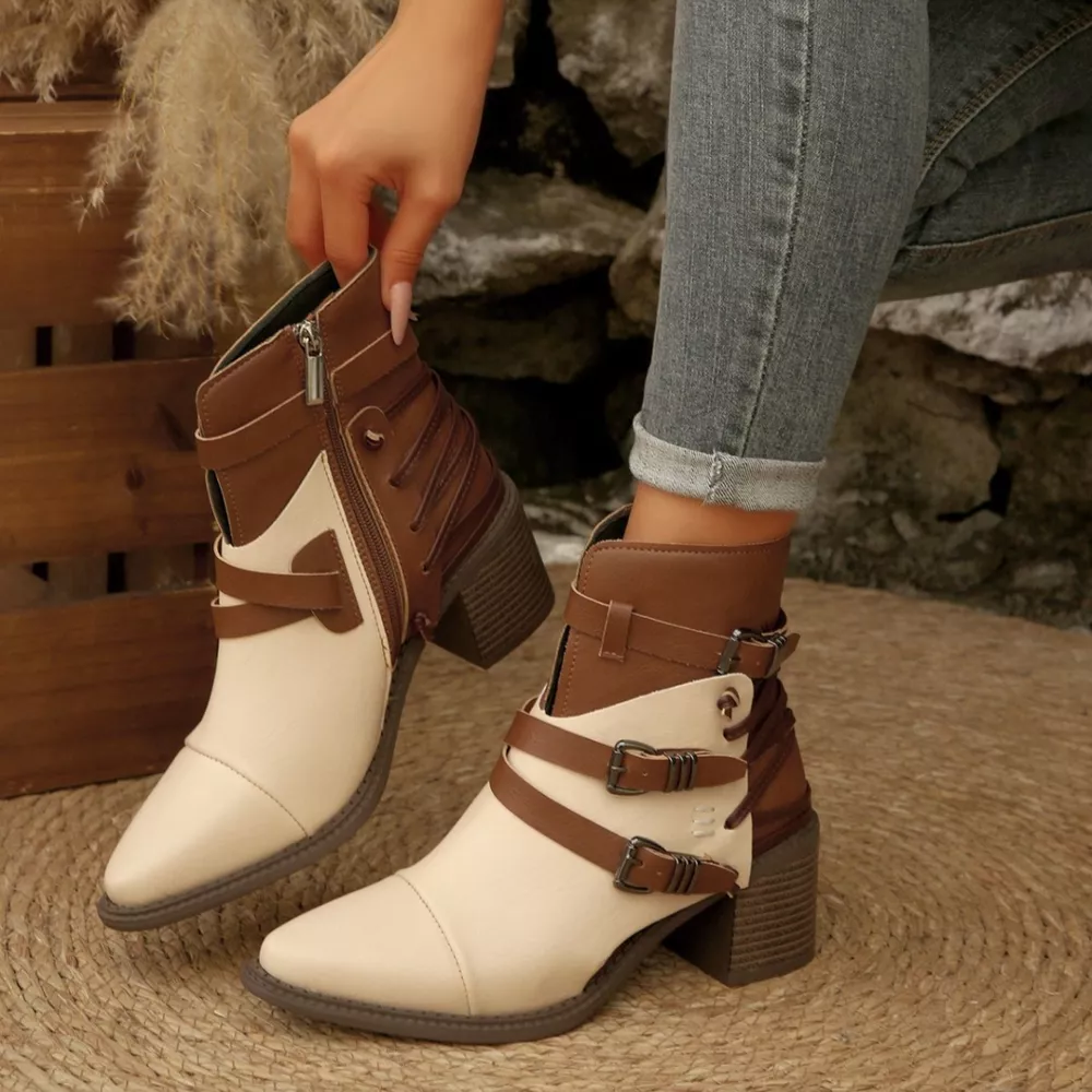 Point Toe Buckle Strap Ankle Boots with Block Heels, image 11