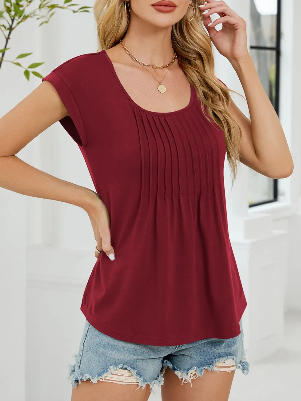 Pleated Front Scoop Neck T-Shirt, image 21