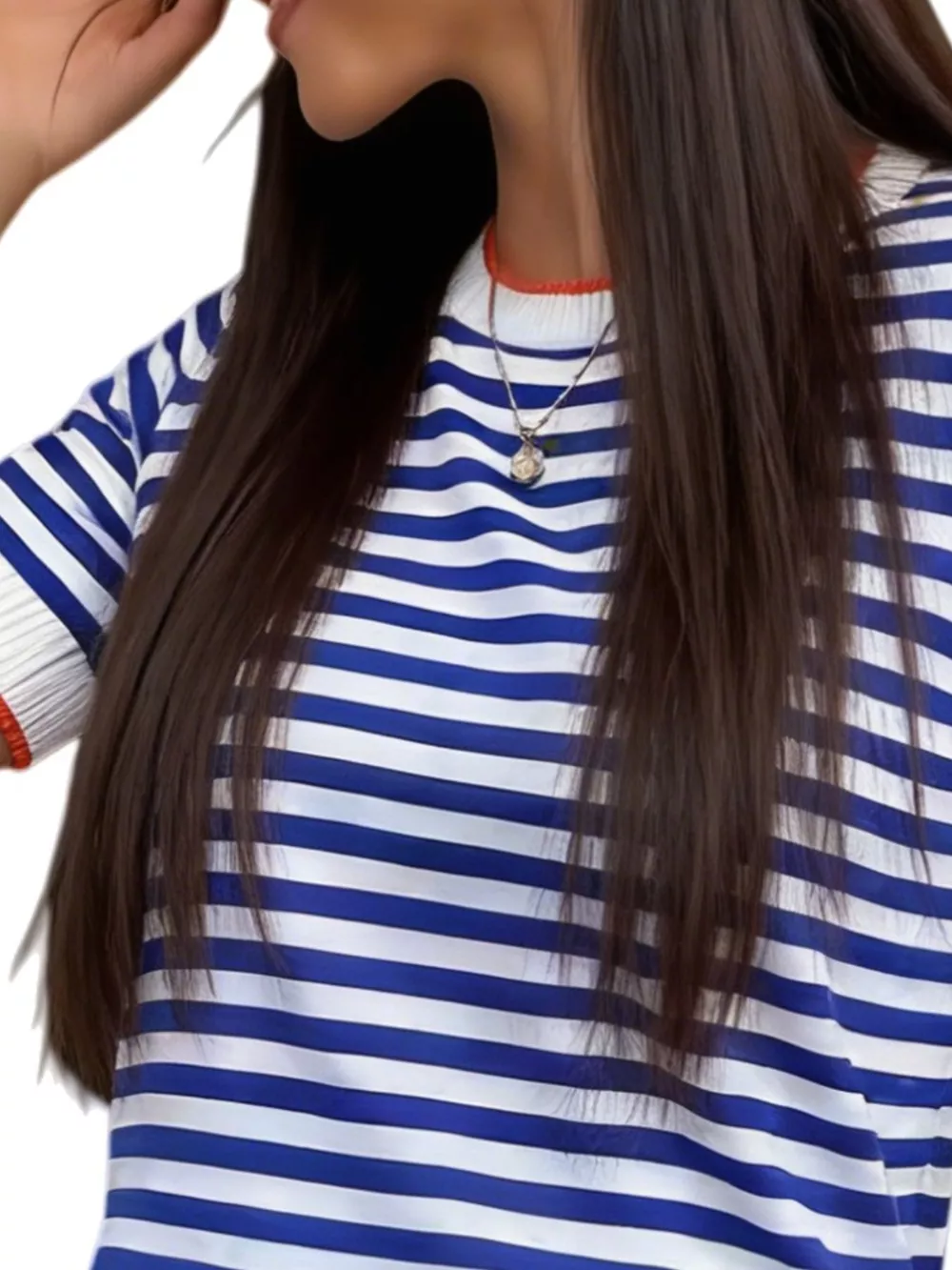 Contrast Trim Striped Short Sleeve Knit Top, image 2
